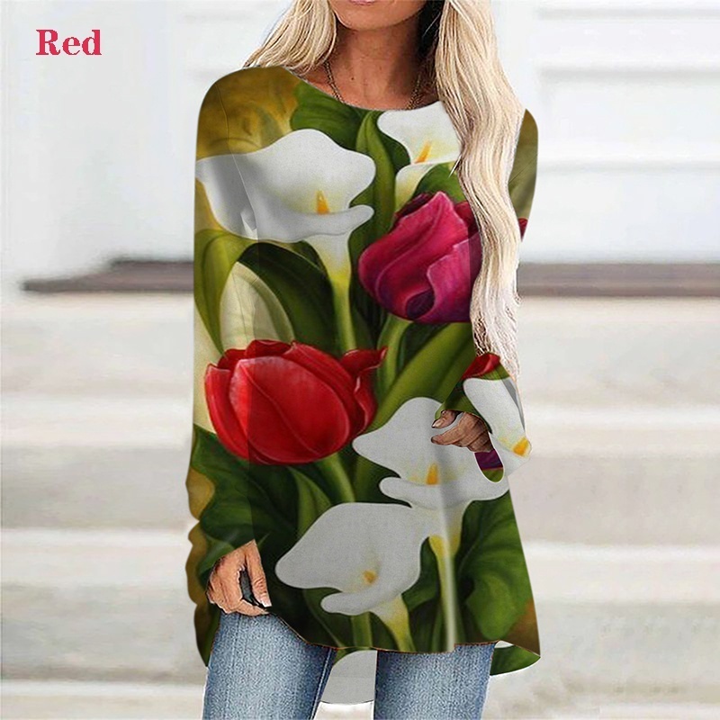 Women Flowers Printed Casual Round Neck Long Sleeves Plus Size Cotton Tunic Loose TShirt Pullover 8XL 220321Z