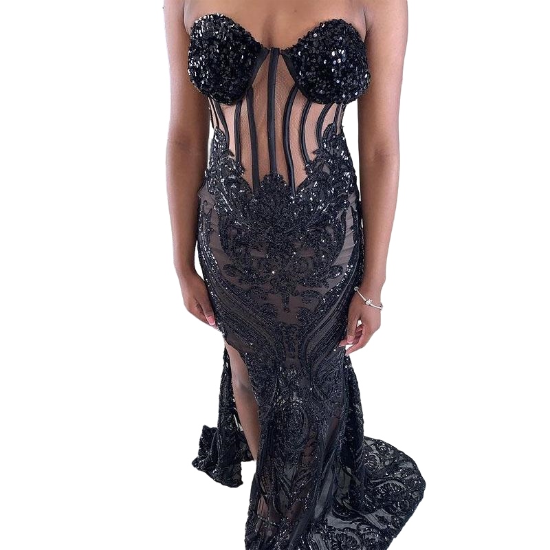 Sparkly Black Mermaid Prom Dresses with Long Sleeve Jacket 2022 Seqauins Beaded Applique Slit African Black Girl Evening Gown