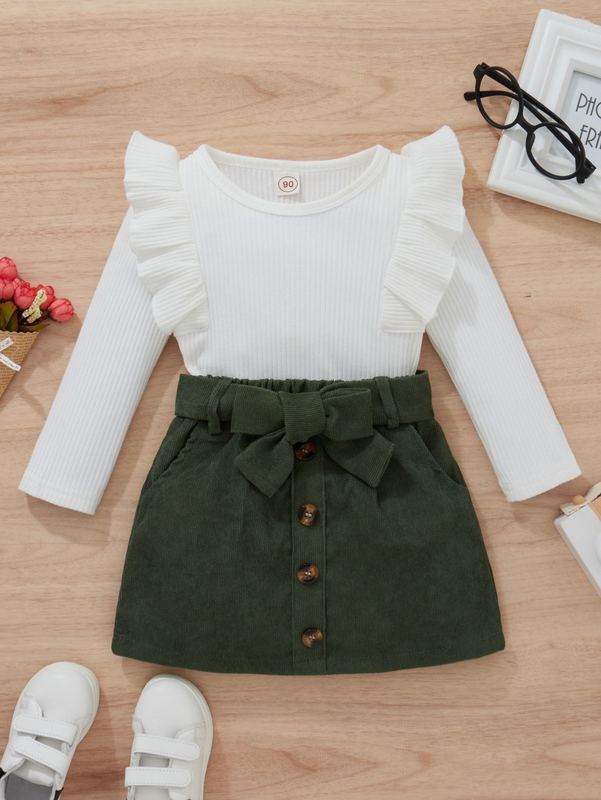 Toddler Girls Rib Knit Ruffle Trim Top & Belted Skirt SHE