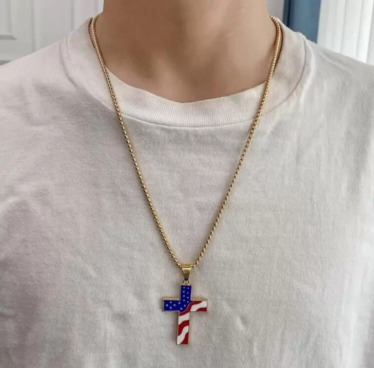 Creative Alloy Gold Silver Enamel American Flag Cross Pendent Necklace for Men Women USA Independence Day Festival Necklaces Jewelry Gift