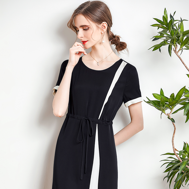 92.3% Heavy Silk 7.7% Spandex Women's Dress O Neck Short Sleeves Lace Up Color Block Elegant Fashion Runway Dresses