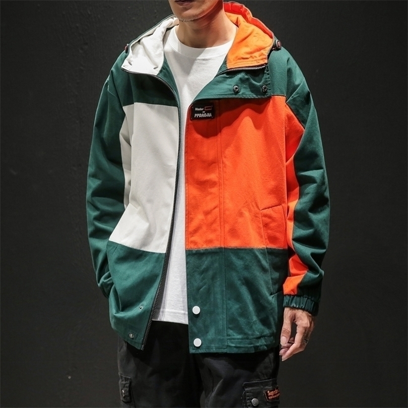 2020 Spring New Large Size Hooded Jacket Loose Contrast Color Stitching Jacket Men Japanese Streetwear Mens Jackets and Coats T200502