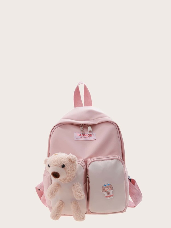 Kids Colorblock Cartoon Decor Multi-compartment Backpack SHE