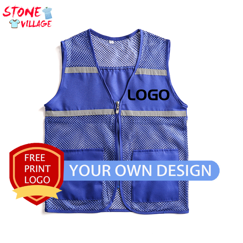 Summer Custom Visibility Reflective Safety Vest Work Uniform Mesh Solid Color Top Strips Construction Multi pocket Coat 220722