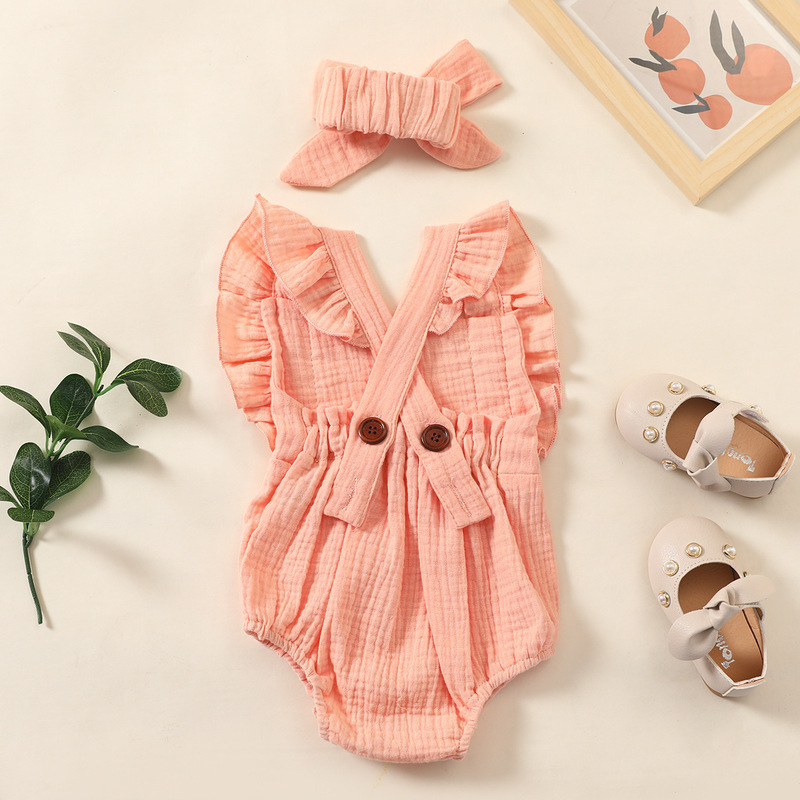 Summer born Infant Baby Girls Romper Headband Muslin Sleeveless Rompers Kids Onepiece Fashion Baby Clothing 220707