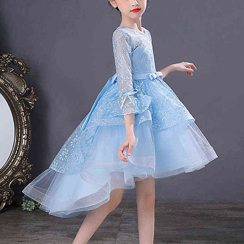 Kids Little Girls' Dress Jacquard Party Birthday Embroidered Mesh Bow Asymmetrical 3/4 Length Sleeve Princess Sweet Dresses Y220510