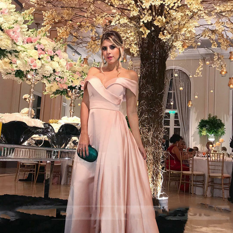 Pink Off The Shoulder Prom Dresses A Line Elastic Party High Side Split Backless Long Evening Gowns
