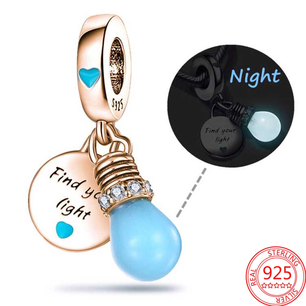 New Popular 925 Sterling Silver Charm Luminou Light Bulb Double Charm for Original Classic DIY Bracelet Ladie Jewelry Fashion Accessorie Gift 1