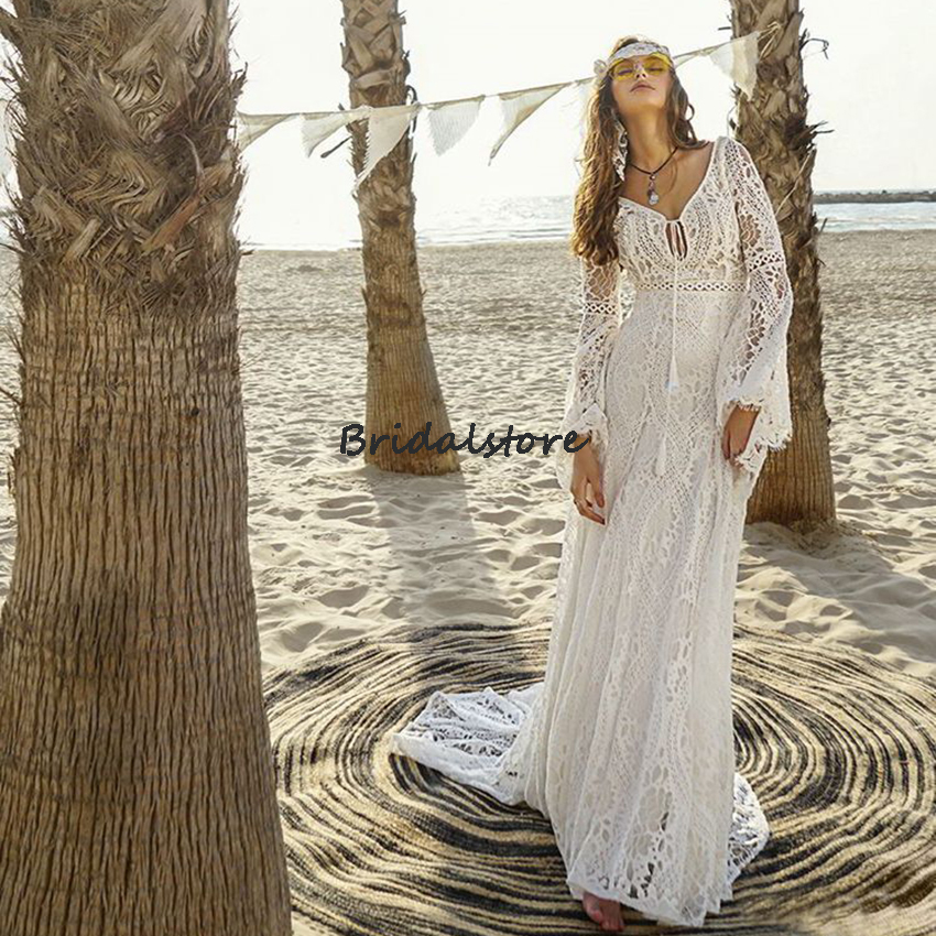 Summer Beach Crochet Lace Wedding Dress 2022 Sexy V Neck Long Sleeve Boho Mermaid Wedding Dresses Plus Size Retro Bride Gowns Bohemian Chic Vestidos D