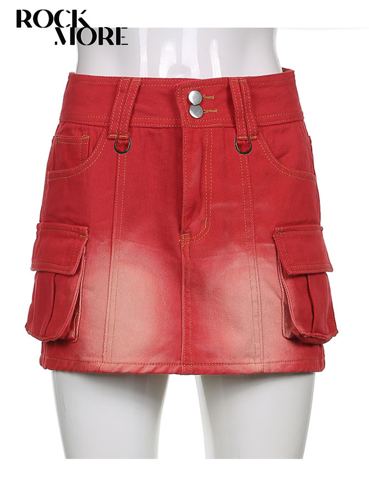 Rockmore Vintage WomenS Denim Skirt Pockets Low Waist Mini Skirt Korean Summer Streetwear Cargo Short Skirt E Girl Bottom 220701