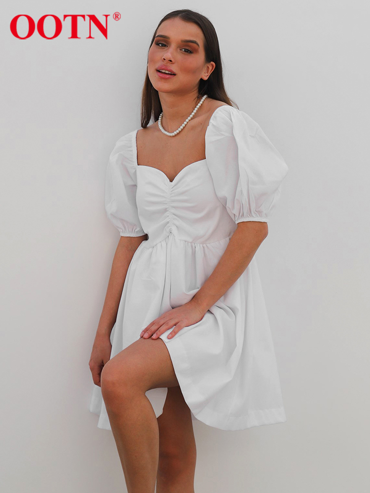 OOTN White Sweet Dress Summer Square Neck A-Line Elegant Women Dress Puff Sleeve Ruched Casual Mini Dress Lady Lovely Loose 220511