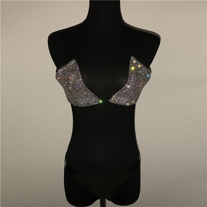 Women's Swimwear Sparkly Rhinestone Two Piece Set Sexy V-Neck Bandage Bra High Cut Thong Panty Summer Fashion Bikini Outfits For Lady