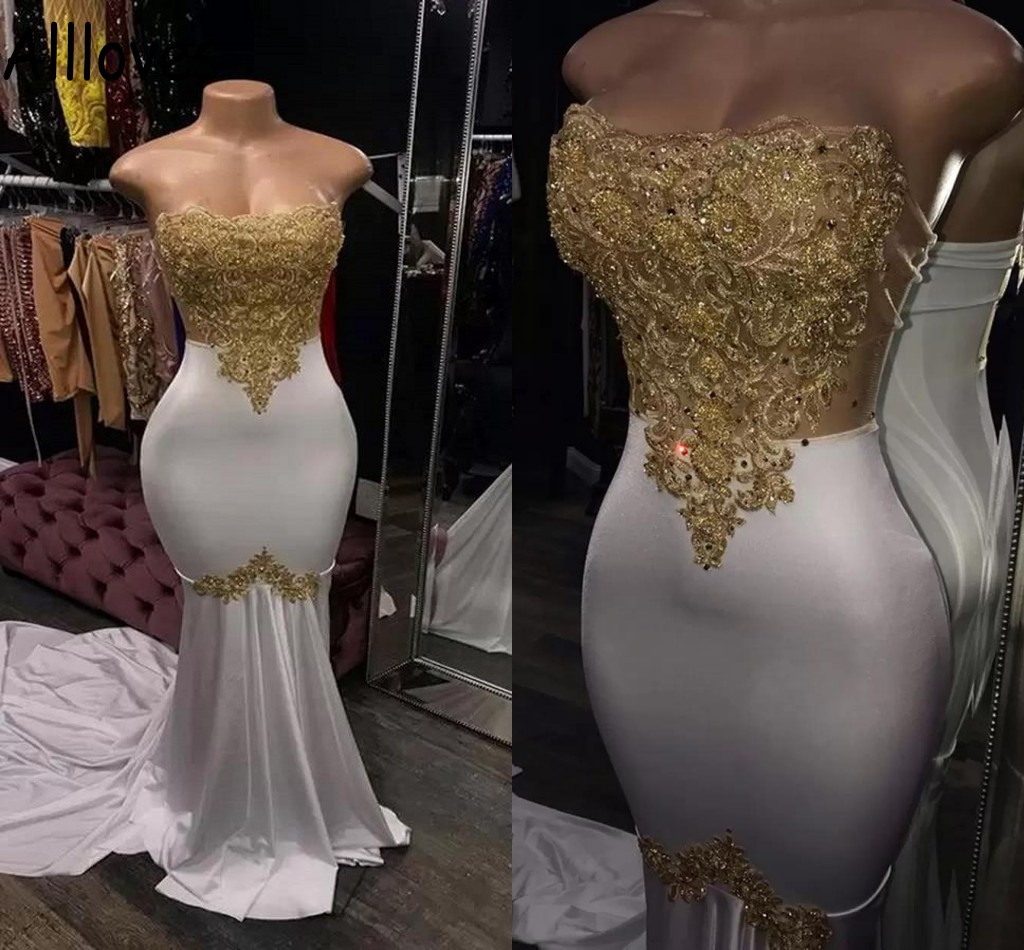 Stunning Gold Lace Appliques Beaded Evening Dresses Mermaid Strapless Arabic Aso Ebi Formal Party Gowns Sweep Train Sexy Special Occasion Prom Dress CL0611, Brown
Stunning Gold Lace Appliques Beaded Evening Dresses Mermaid Strapless Arabic Aso Ebi Formal Party Gowns Sweep Train Sexy Special Occasion Prom Dress CL0611, Brown