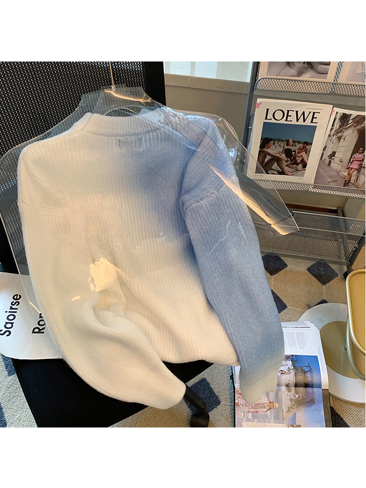 Women Autumn Winter Crewneck Blue White Gradient Knitwear Sweatshirts Loose Long Sleeve Vintage Knitted Pullover Sweater 220817