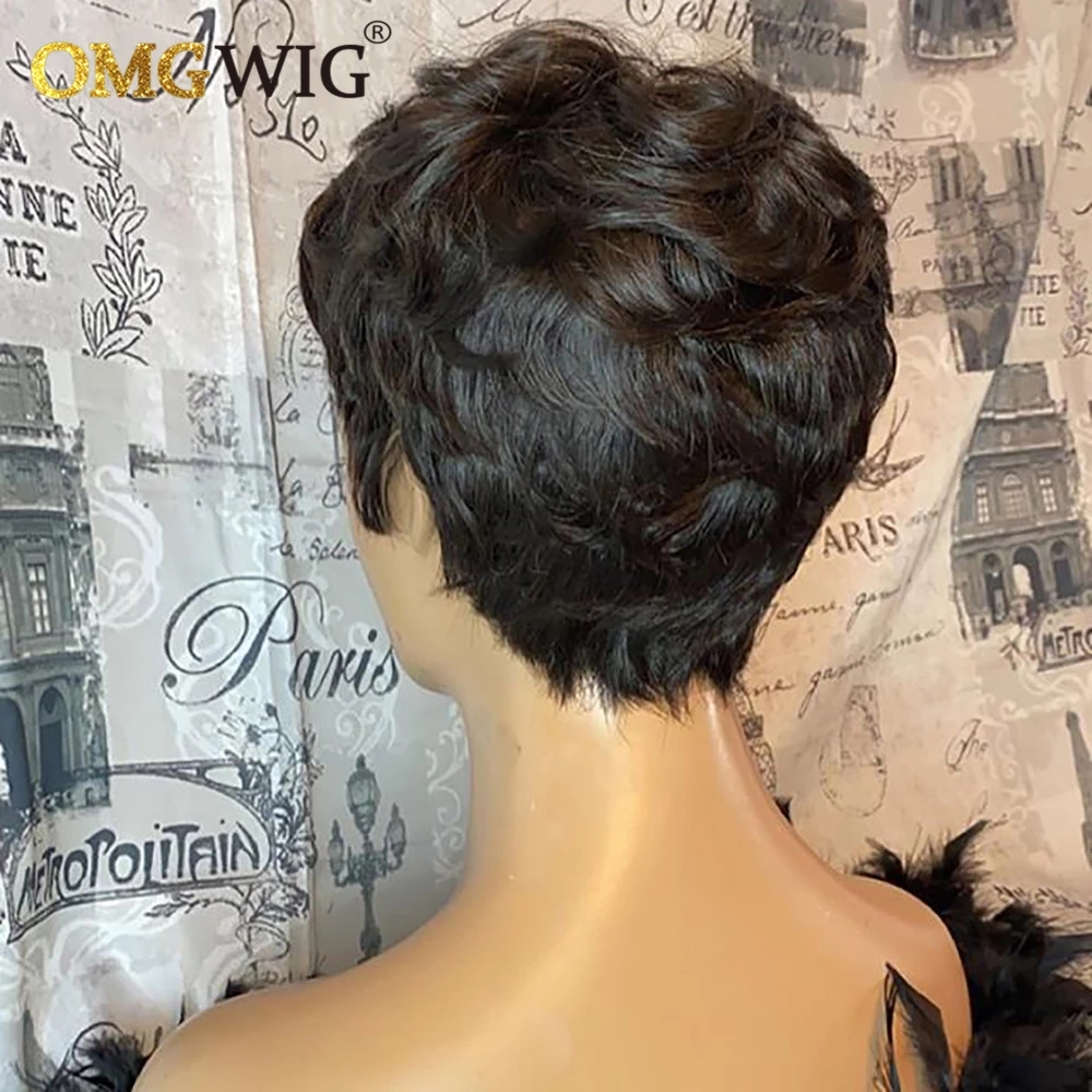 Honey Blonde Short Bob Pixie Cut Wig Natural Wave Brazilian Remy Human Hair Wig With Bangs For Women Full Machine Made