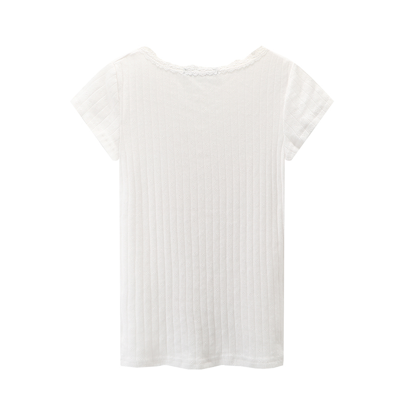 PUWD Y2K Cute Girl Cotton Hollow Out Lace T-Shirt Fashion Ladies Slim Short Sleeve Button Tops Women Summer O Neck Tees 220411