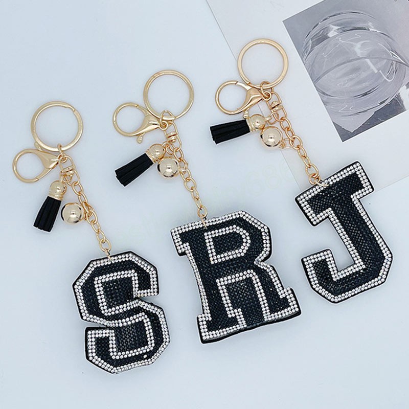 Women Keychain Alphabet Letter Rhinestone Leather Gold Color Keyring Charm Key Chain Accessories Female Car Bag Keyring Holder