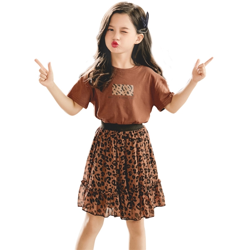 Summer Clothes For Girls Leopard Print Children's Tshirt + Skirt Teenage Costume 220507