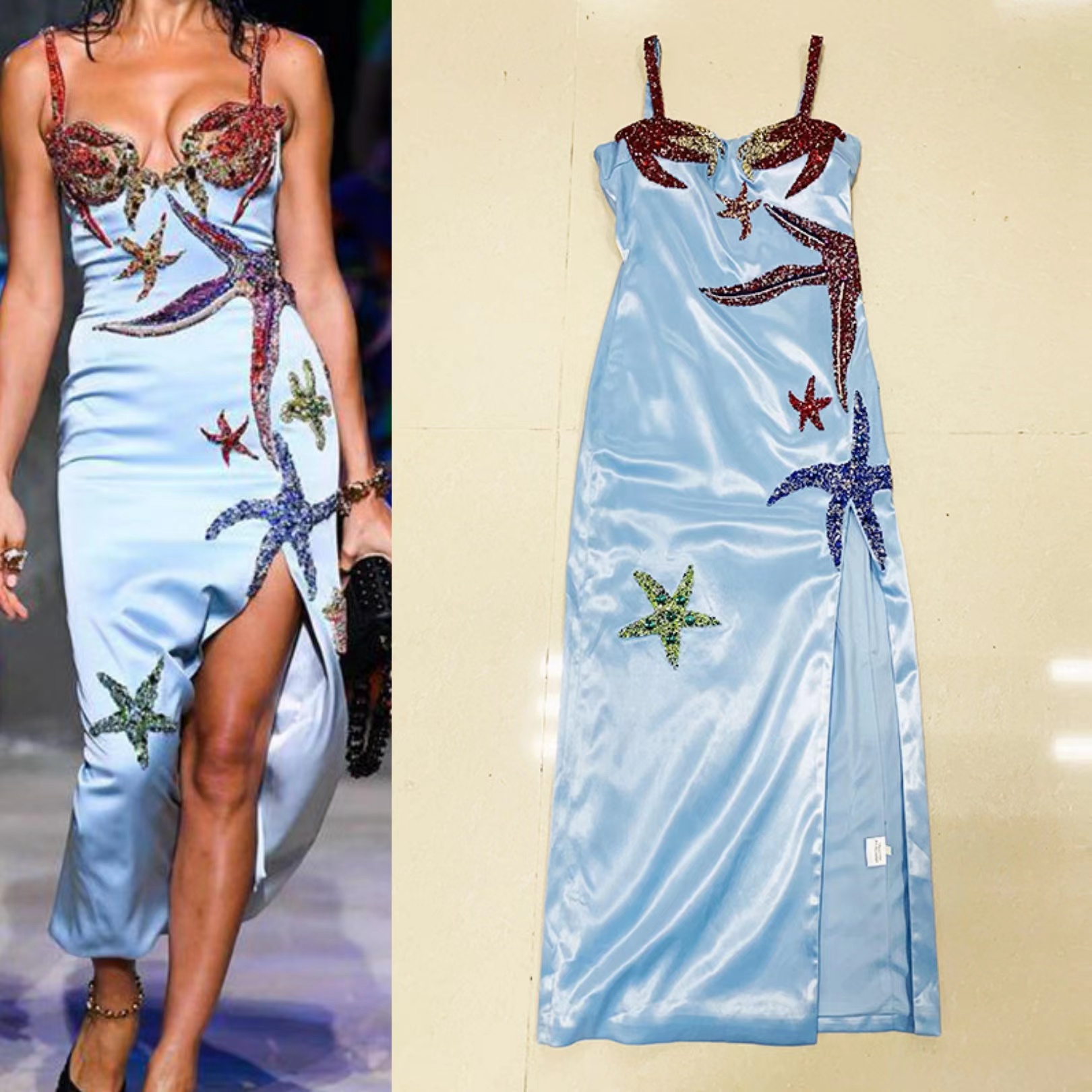 High-quality sexy lady starfish rhinestone split long dress, As picture