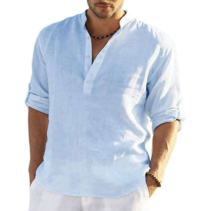 Men s Casual Blouse Spring Autumn Cotton Linen V Neck Long Sleeve Button Tee Shirt Fashion Handsome Male Loose T Shirts 220714