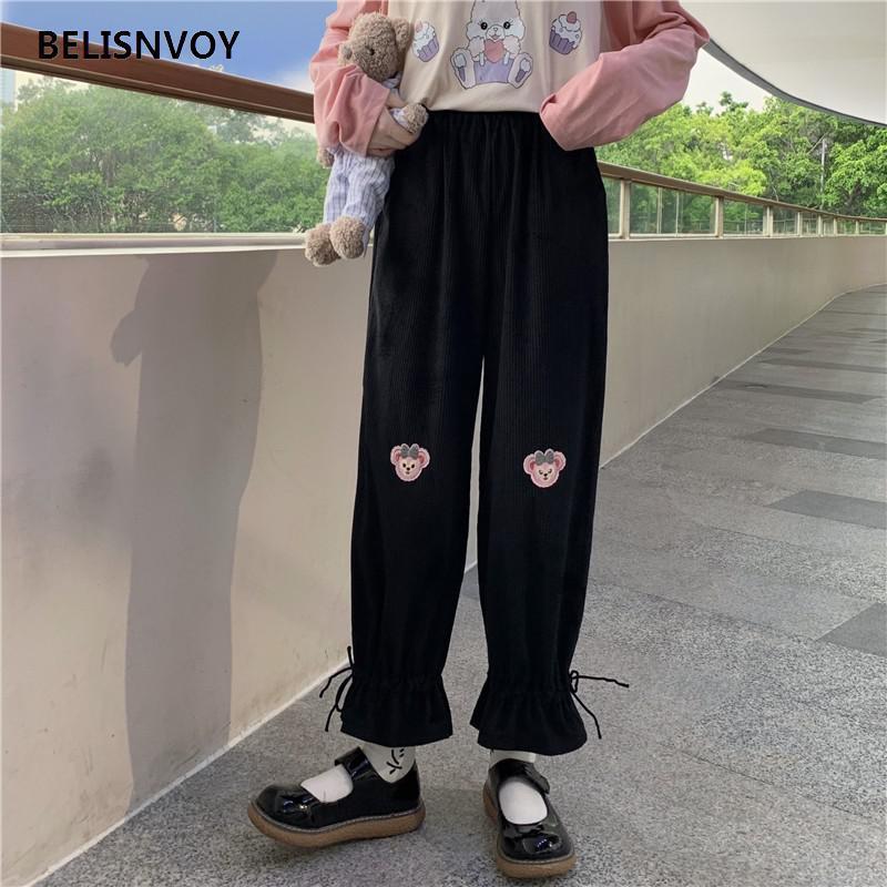 Japanese Kawaii Harajuku Teen Girls Loose Bear Embroidery Wild Leg Baggy Pants Casual Female Sweet Cute Sweatpants Trousers 220325