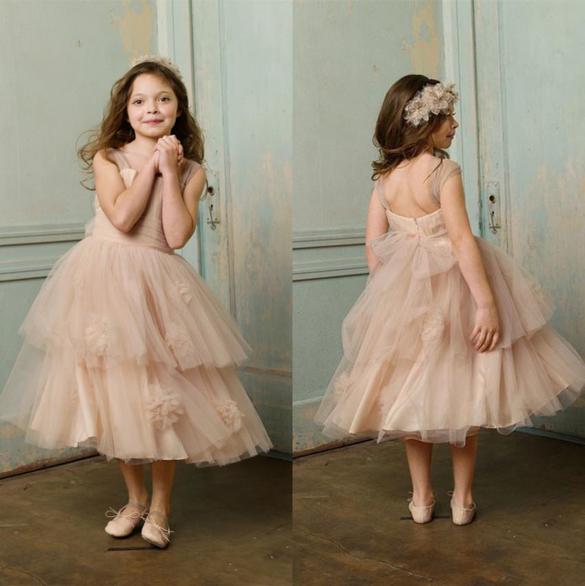 

New Sweet Square Neck Flower Girl Dresses Ruched A-Line Tulle Tea-Length Champagne Pageant Dresses Girl Designer, White