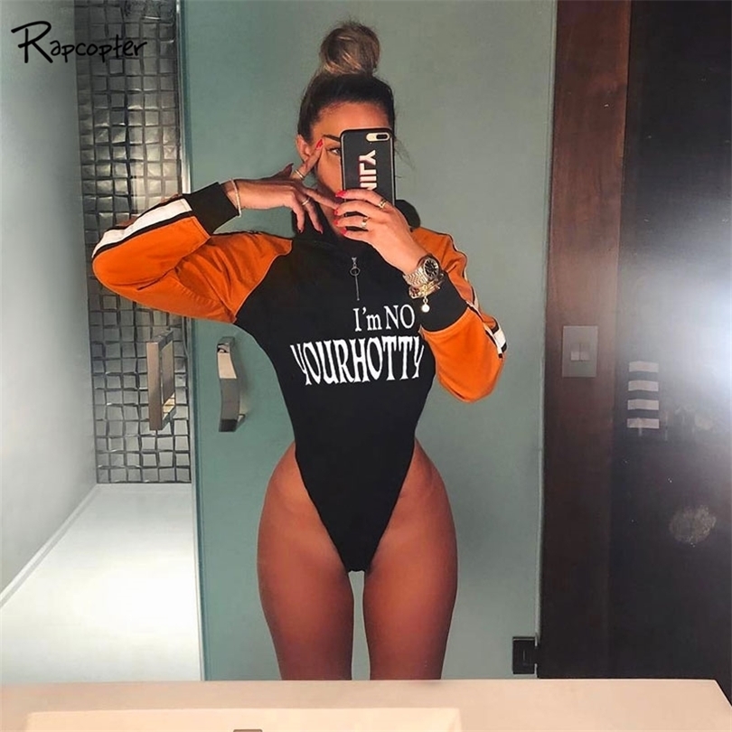 Rapcopter Patchwork Hooded Letter Printed Bodycon Jumpsuits Autumn Streetwear Harajuku Women Bodysuit Casual Cotton Body Rompers T200323