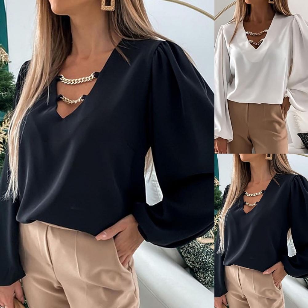 Women' Blouses & Shirts Elegant V Neck Metal Chain Lady Tops Fashion Solid Color Long Sleeve Woman Autumn Loose Casual Office Work Female, Black
Women' Blouses & Shirts Elegant V Neck Metal Chain Lady Tops Fashion Solid Color Long Sleeve Woman Autumn Loose Casual Office Work Female, Black