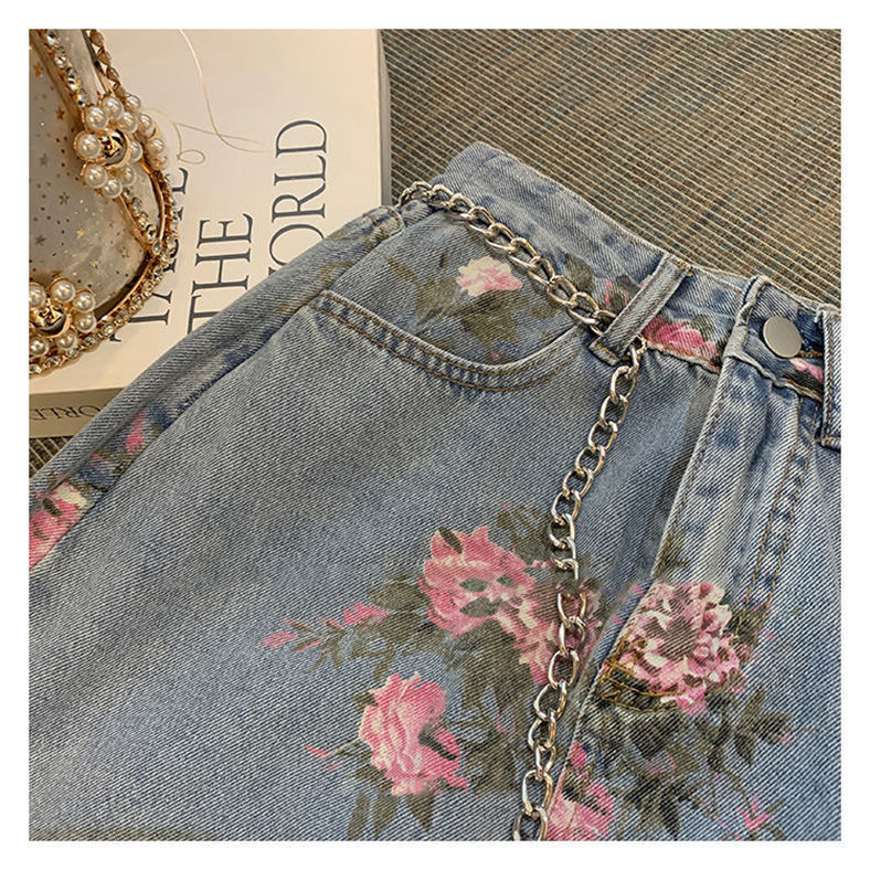 Streetwear Vintage Flowers Print Long Denim Skirts Summer High Waist Slim Sexy Open Split Straight Skirt Jeans Saias Female 220317