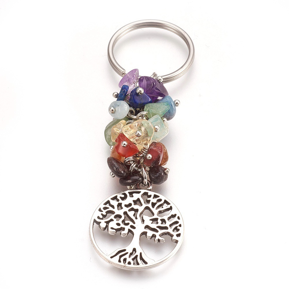 7 Chakra Chips Cristal Natural Cluster Healing Llavero Bolsa Yoga Colgante Llavero Mujer Árbol La Vida
