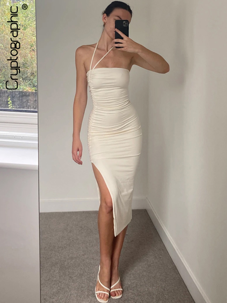 Drawstring Ruched Halter Split Midi Dress for Women Club Party Backless Sleeveless Summer Bodycon Dresses Clothes, Black 
Drawstring Ruched Halter Split Midi Dress for Women Club Party Backless Sleeveless Summer Bodycon Dresses Clothes, Black