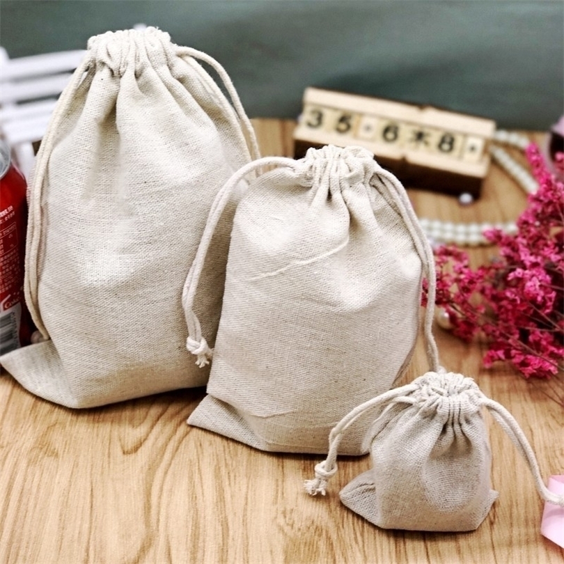 20PCS Cotton Linen Gift Bag Jewelry Packaging Custom Drawstring Pouch Makeup Party Product Bead Wrappling Sachet Sack Print Logo T200602