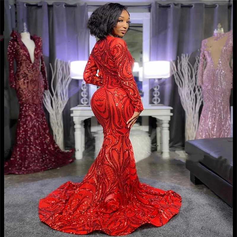 Sexy African Black Sequined Prom Dress Mermaid V Neck Long Train Evening Dresses 2022 Glitter Sleeveless Special Occasion Formal Party Dress Robes De 