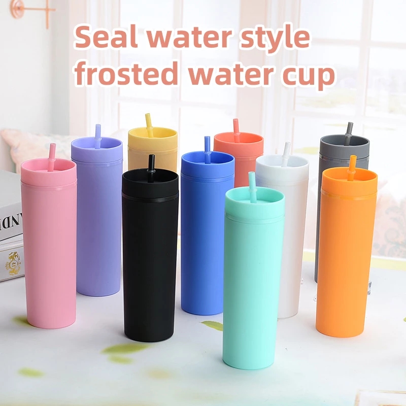 Double Wall Matte Finish Reusable Tumblers 16oz Plastic Mugs Reusable Summer Portable Water Bottle With Straw And Lids FY4409