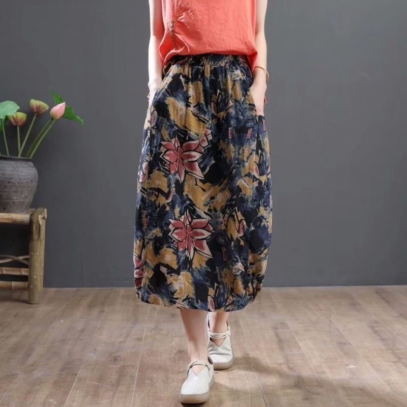 Women Vintage Floral Print Cotton Linen Skirt Autumn Mid Length High Waist Casual Retro Elastic Spring A Line Skirts 220317