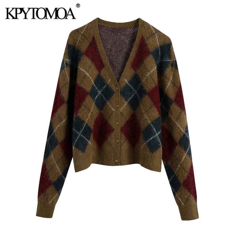 KPYTOMOA Women Fashion With Ribbed Trims Argyle Cardigan Sweater Vintage Long Sleeve Button-up Female Outerwear Chic Tops 201203, As picture
KPYTOMOA Women Fashion With Ribbed Trims Argyle Cardigan Sweater Vintage Long Sleeve Button-up Female Outerwear Chic Tops 201203, As picture