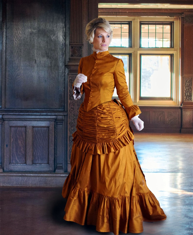 Vintage Victorian Bustle Evening Dresses Long Sleeves Floor Length Taffeta High Collar Women Formal Prom Party Gowns Pleats Gothic Masquerade Dress