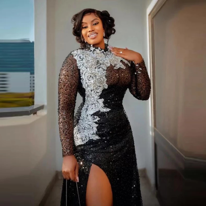 Sequined Mermaid Evening With Long Sleeves, Beads & Pearls, High Side Split - 2024 Prom Dress For Women