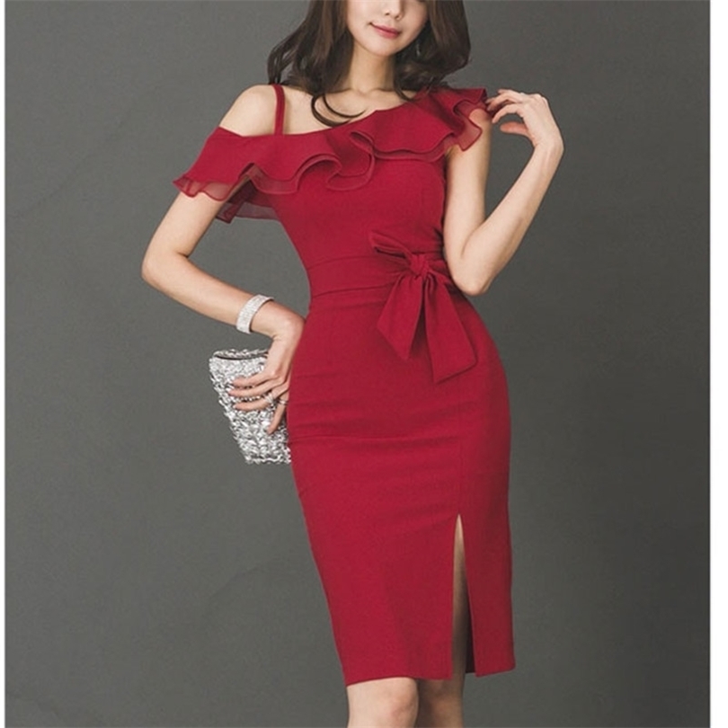 Summer Party Dress Women Elegant Red Ruffle Slim Pencil Dress Bodycon Formal Work Dress T200604