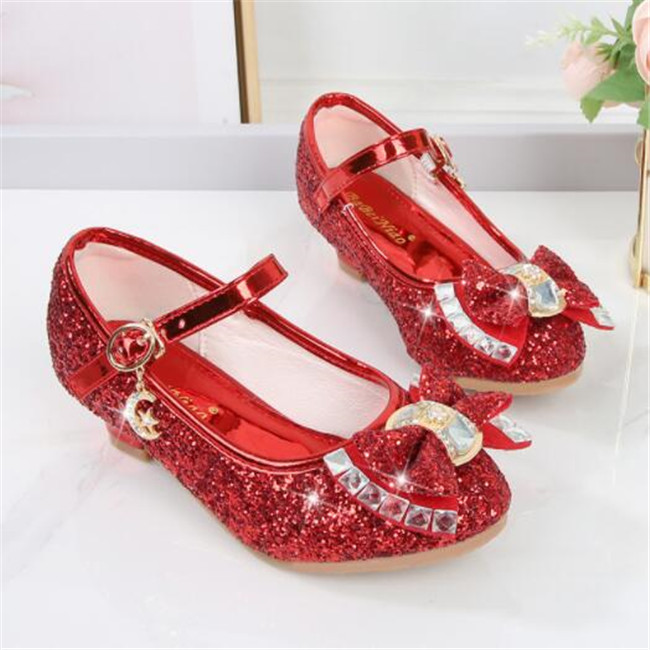 Kids Shoes Sandals Sequin Girls High Heel Shoes Round Head Soft Bottom Bow Children Princess Shows Crystal Leather Shoe