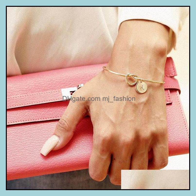 Charm Bracelets Jewelry 26 Letters Open Adjustable Wire Cuff Bracelet Alphabet Heart Knot Bangle For Women Q348Fz Dtd