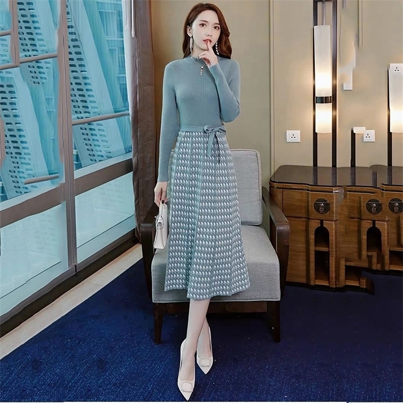 Autumn winter Vintage printed Knitted Sweater pleated Dress women OL Elegant sweater dress with belt female aline slim dress 201008