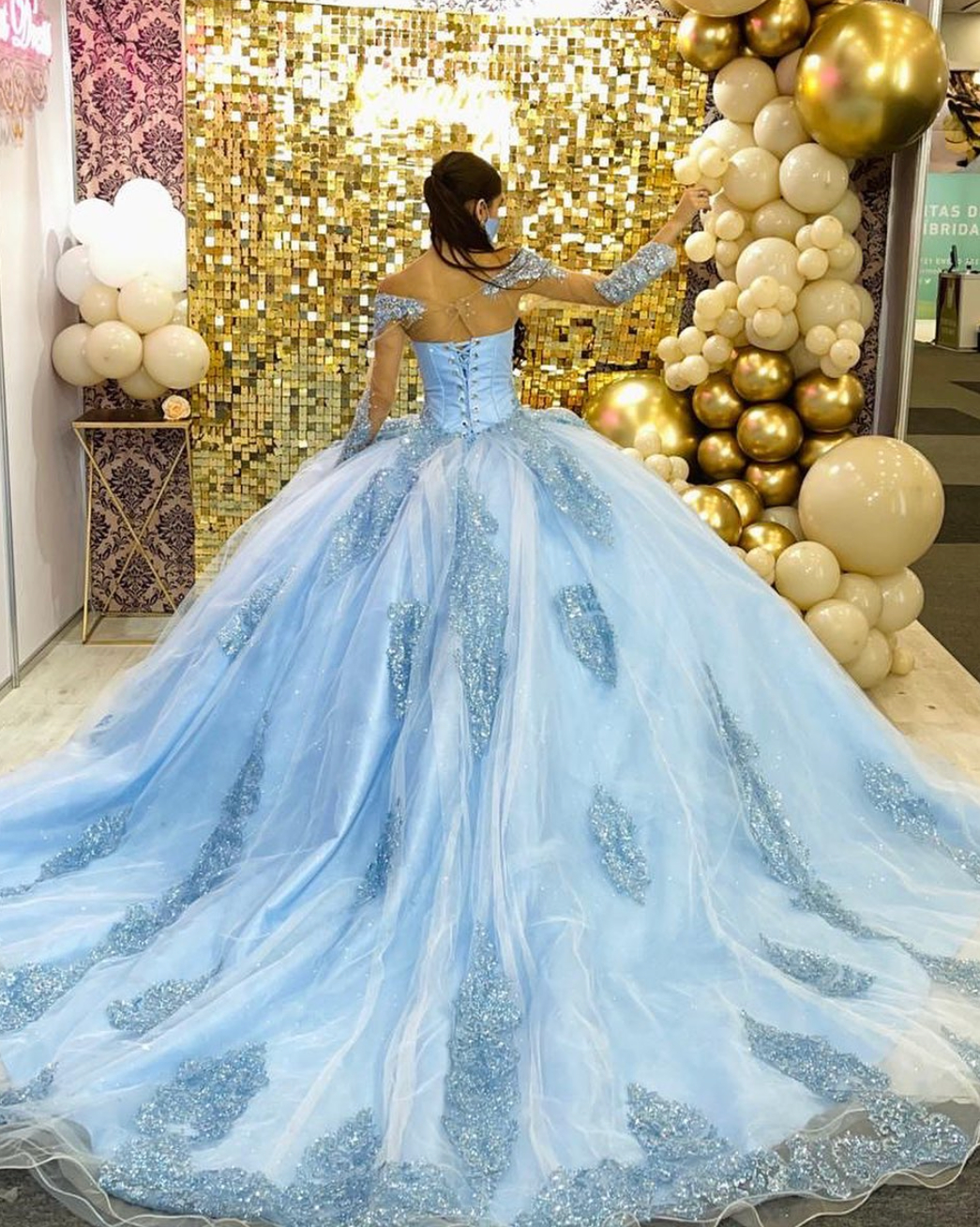 Princess Sky Blue Quinceanera Dresses Long Sleeve Lace Appliqued Tulle Ball Gown Sweet 16 Dress Appliqued Off Shoulder Prom Pageant 15 Years Party Gow