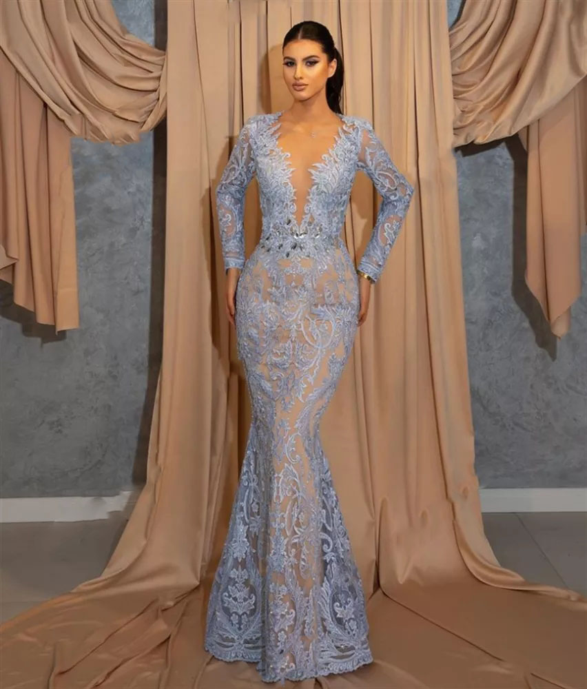 Unique Baby Blue Prom Dresses Lace Appliques Beaded Detachable Train Evening Dress Custom Made Sheer Neck Jewel Long Sleeves Party Gown