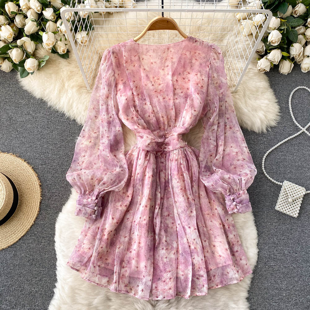 Style French Retro Super Fairy Chiffon Floral Dress With Waist And Thin Temperament V-neck Puff Sleeve Printed Dress 2022