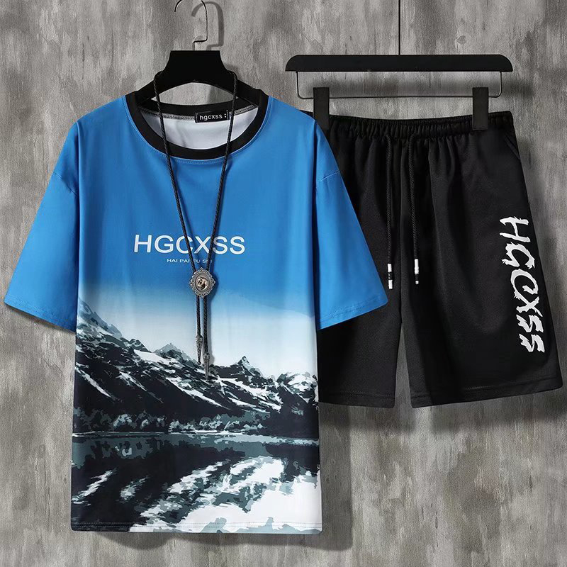 Summer Tracksuit Men Fashion Harajuku Print Short Sleeve 2 Piece Set Casual Mens Outfit Set Breathable TShirt and Sweatpants Set 220803