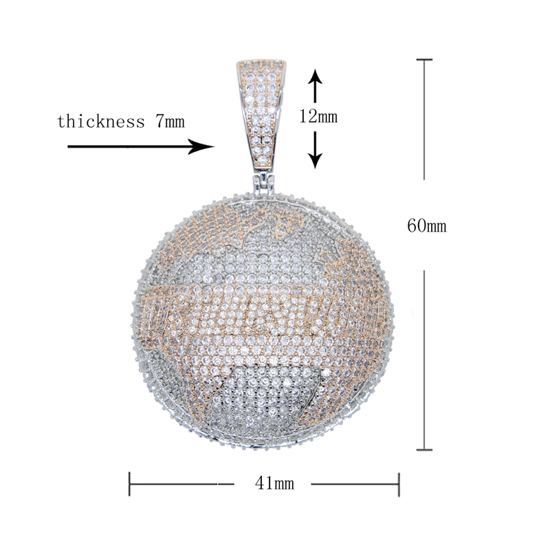 sdzstone Hip Hop Round Shaped Map Pendant Necklace with Rope Chain Bling Cubic Zirconia Paved Fashion Charm Men Women Jewelry