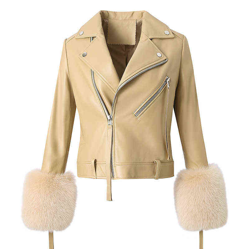 Women Spring Bomber Jackets Fashion Motorcycle Style Short Jacket Real Leather Detachable Fox Fur Cuff ZM4121 J220727, Beige
Women Spring Bomber Jackets Fashion Motorcycle Style Short Jacket Real Leather Detachable Fox Fur Cuff ZM4121 J220727, Beige