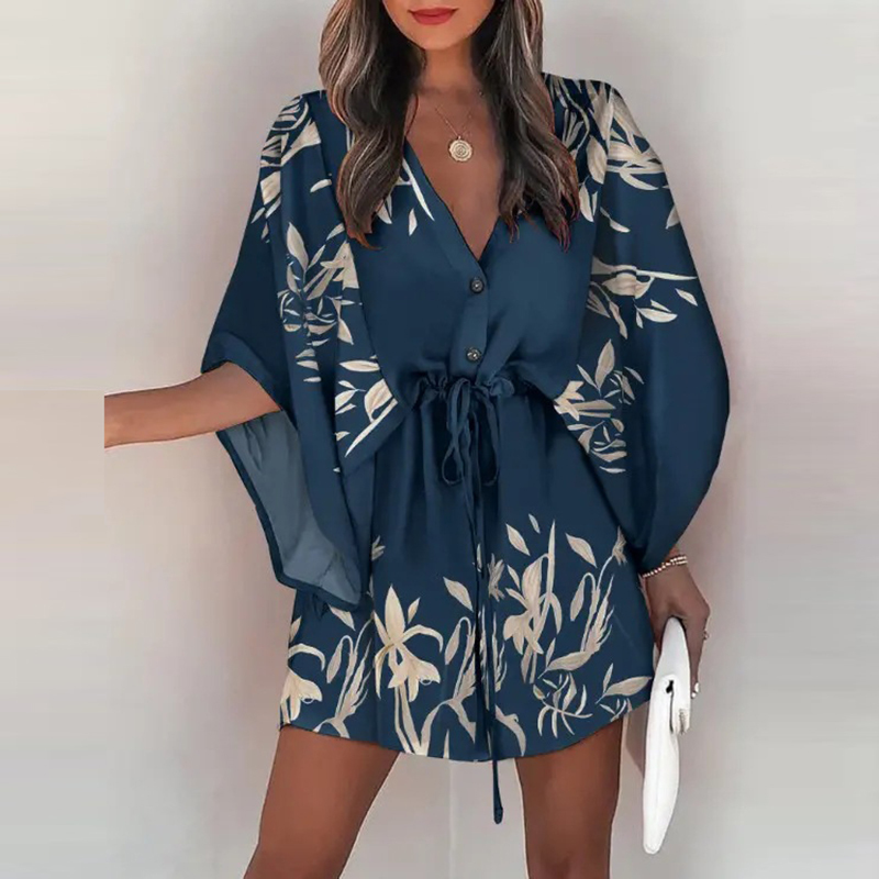 Summer Fashion Printed Sexy V Neck Buttons Drawstring Party Dress Ladies Casual Bat Sleeve Mini Women Elegant es 220629