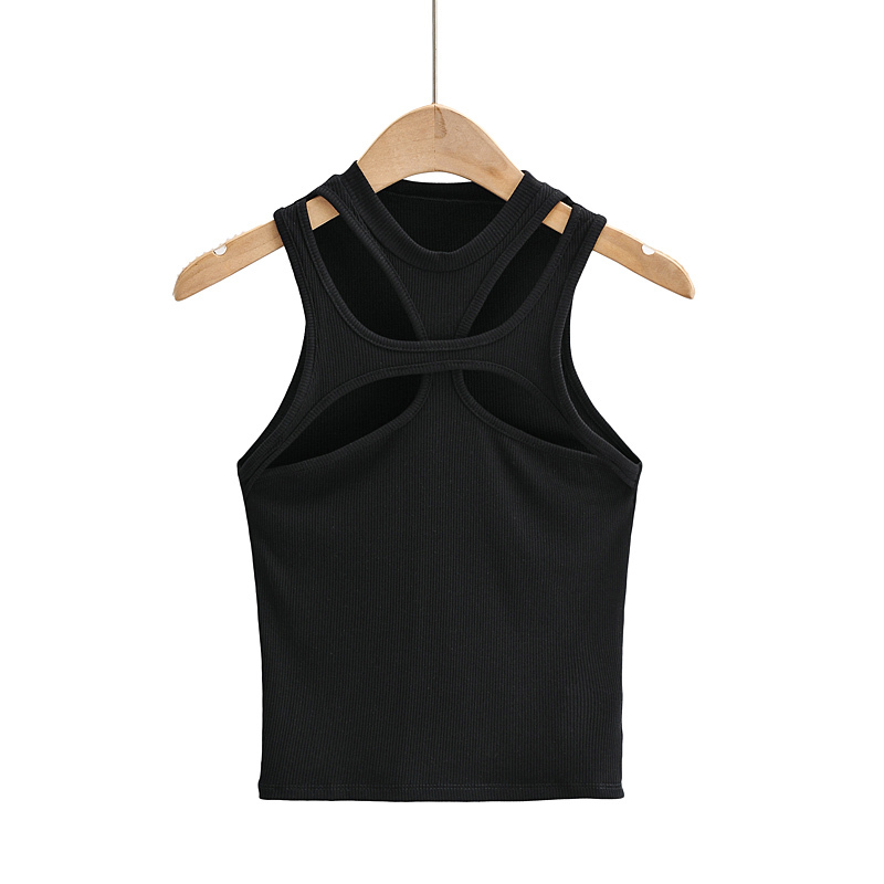 BRADELY MICHELLE Girls Asymmetrical Hollow Solid Color Knitted Round Neck Short-sleeved Summer Sexy Vest on The Chest 220325